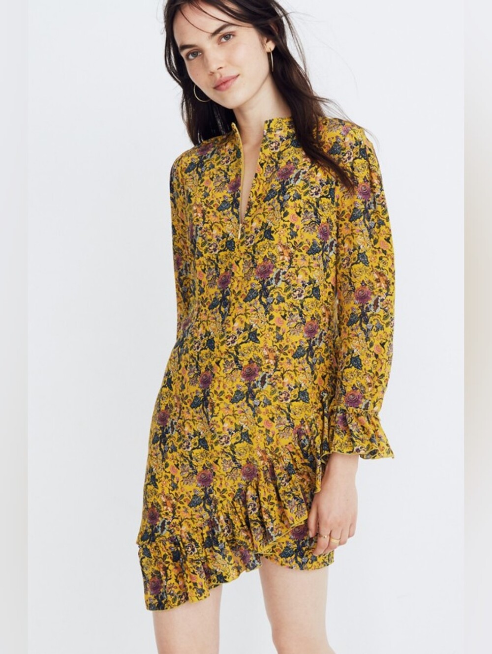 Madewell x Karen Walker Women's 100% Silk Floral Shift Mini Dress, Gold 00 NWT